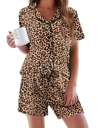 Ekouaer Pajamas Set for Women Short Sleeve Sleepwear Button Down Pjs Soft 2 Piece Lounge Sets Leopard Small