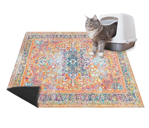 Lovewag Washable Kitty Litter Trapping Mat 2 PCs, Large Reusable Litter Mat for Cats, 36x48 Inches, Waterproof Non-slip Compatible With Cat Box - Marmalade Sunshine