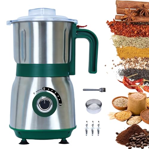 Versatile Kitchen Grinder | 500W Electric Mill | Grinds Spices, Nuts, Grains, Coffee | 3 Stainless Steel Blades | Wet & Dry Use (Green)