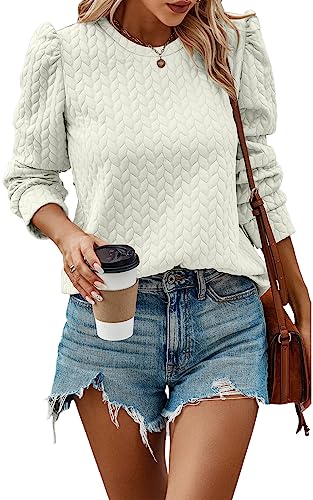 PRETTYGARDEN Fall Outfits Women Trendy Puff Sleeve Sweatshirts Crewneck Twist Texture 2024 Warm Winter Pullover Tops (Apricot,L)