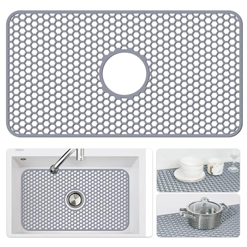 Bestjing Silicone Sink Mat - Protectors for Kitchen Sink with Center Drain, 26"x 14" Kitchen Grid Accessory, Non-Slip Heat-Resistant Mat for Bottom of Farmhouse Porcelain Stainless Steel (Center Hole)