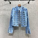 UKTZFTBMTS Motorcycle short jacket women's spring and autumn slim stand-up collar long sleeve denim jacket-Dark blue-X-Large