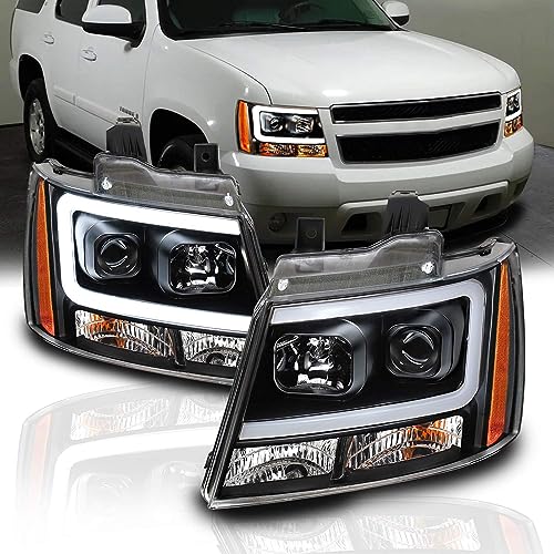 AmeriLite for 2007-2013 Chevy Avalanche Suburban Tahoe Super Bright LED Bar Projector Halogen Black Headlights Pair - Passenger and Driver Side