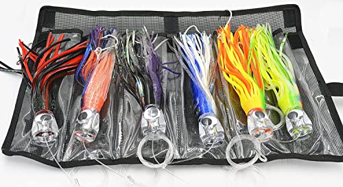 Fishing Lure Set of 6 Trolling Saltwater Skirted Lures: Rigged Lures and Black Bag Included. Catch Any Predatory Pelagic Fish in The Ocean Including Dolphin, Tuna, and Wahoo! (9 inch)
