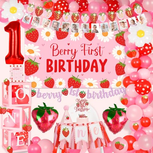 Kriyokiaa Berry First Birthday Decor Strawberry 1st Birthday Decorations for Girls, Sweet One Girls Birthday Party Supplies Strawberry Theme Backdrop Party Decor