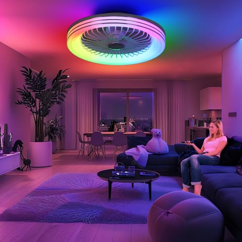 KAMLAM 24" Bladeless Ceiling Fan with,Smart LED Ceiling Fans with Voice/App Control, Modern Low Profile Ceiling Fan Dimmable Light, Flush Mount Enclosed Ceiling Fans for Bedroom White