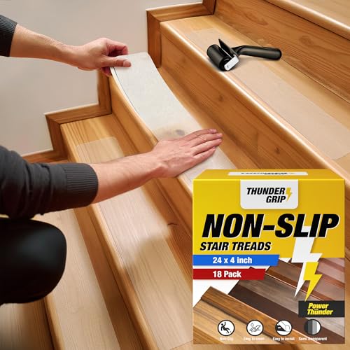 THUNDER GRIP 24"x4" Clear Non-Slip Stair Treads for Wooden Steps (18-Pack) - Self Adhesive Strips - Transparent Indoor