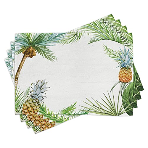 Ambesonne Pineapple Place Mats Set of 8, Watercolor Tropical Island Style Border Print Exotic Fruit Palm Trees and Leaves, Washable Fabric Placemats for Dining Table, Placemat 8 pcs, Fern Green White