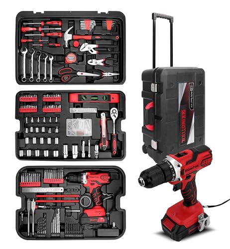 KINGTOOL Home Tool Set Kit - 286 PCS Home Auto Repair Tool Kit with Rolling Tool Box, Mechanic Tool Sets with 21V Max Cordless Power drill, Perfect for Homeowner, Diyer, Handyman