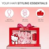 Hello Kitty x Kitsch XL Satin Heatless Curling Set- Hair Curler To Sleep In for Frizz-Free, Soft Curls | Comes with Bow Shape Design Hair Claw and Satin Scrunchies, 4Pc Set