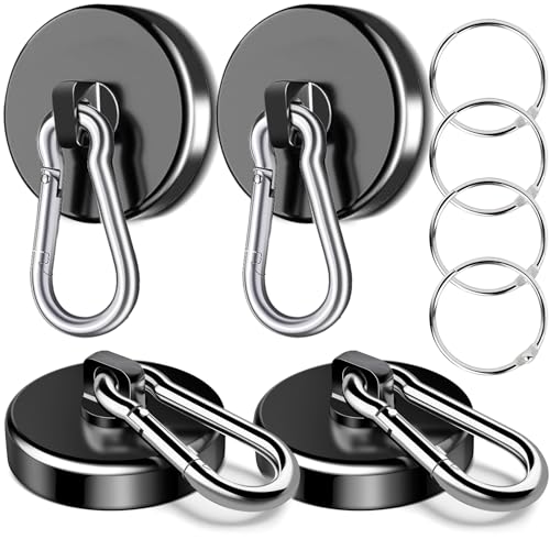 VSKIZ Magnetic Hooks Heavy Duty 150Lbs, 4 Pack Super Strong Magnetic Hooks with Swivel Carabiner for Cruise, Black Neodymium Magnet Hooks Magnetic Wall Hanger for Hanging, Toolbox, Grill, Cabins