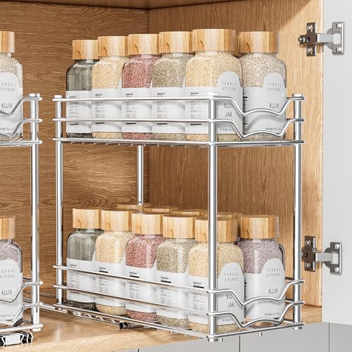 PanPanPal Pull Out Spice Rack Organizer for Inside Cabinet, Slide Out Spice Organization for Cabinet, 4.9''Wx10.4''Dx9.57''H, Chrome Vertical Sliding Seasoning Organizer - 2 Tier