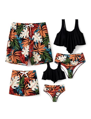 PATPAT Family Matching Swimsuits Mom and Son Matching Swimsuits Hawaiian Tropical Palm Leaf Print Dad and Son Matching Swim Trunks Beach Vacation Shorts for Boys 8-9 Years
