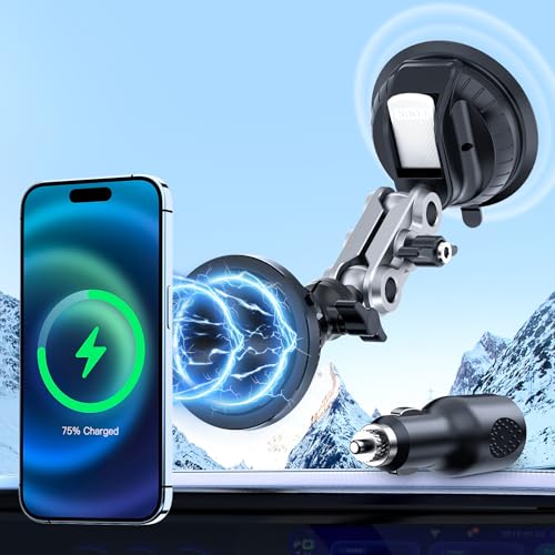 Aluminum Alloy Magnetic Mobile Phone Holder, Wireless Charger Car Mount 360° Large Suction Cup, True 15W Fast Charging, Compatible with IPhone 16/15/14/13/12 Series, Suitable for Dashboard/Windshield