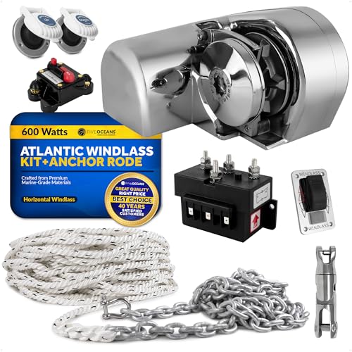 Five Oceans Horizontal Windlass Kit, Boat Anchor Windlass Atlantic 600 Watts, 12V DC, with 3-Strand Rope 1/2 Inch x 200 Ft, Galvanized Steel HT G4 Chain 1/4 Inch x 15 Ft - FO3930-C3