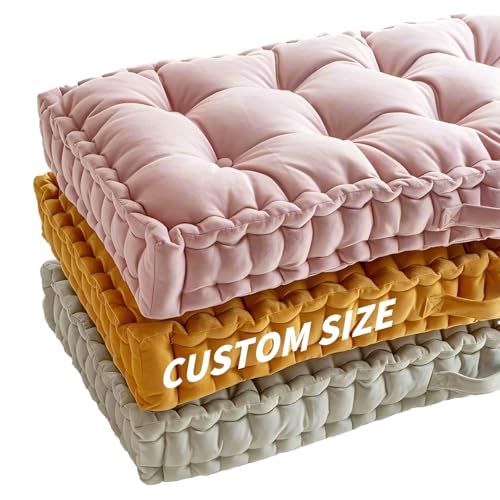 ROIPXM Custom Bench Cushion, Tufted Bench Cushions for Indoor Furniture, Window Seat Cushions Indoor, Velvet Bay Window Cushion, French Floor Cushions with Handle, 4 Inch Thick, 30+ Colors