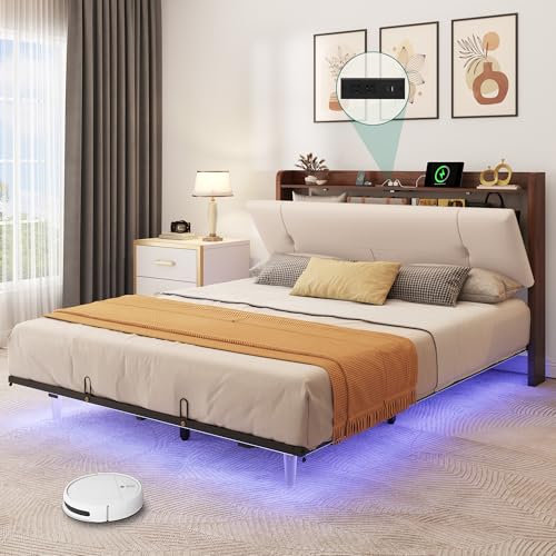 YITAHOME Floating Bed Frame Queen with USB-C/A Charging Station & Led Light, PU Upholstered Platform Bed with Hidden Storage Headboard, Heavy Duty Metal Slats, No Box Spring Needed, Beige