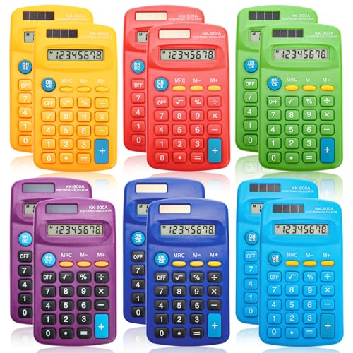 Goaste 12 Pack Pocket Size Mini Calculators, 8 Digit Display Basic Calculator, Small Solar Battery Dual Power Calculator in 6 Colors, 4 Function Handheld Calculators Bulk for Student Kid School Office