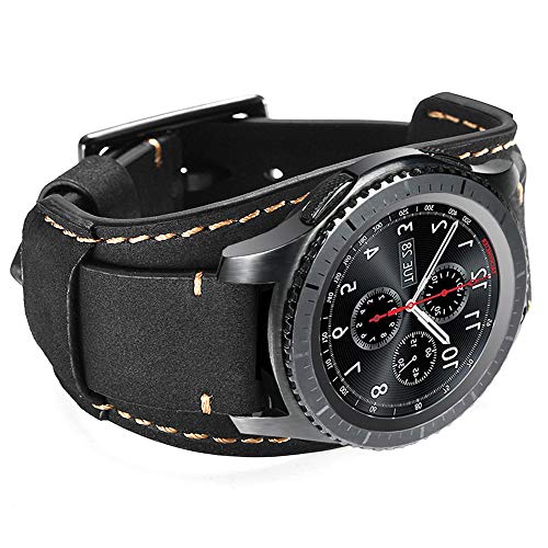 CooBES Compatible with Samsung Galaxy Watch 46mm/Galaxy Watch 3 45mm/Gear S3 Frontier/Classic Bands, 22mm Genuine Leather Cuff Bracelet Replacement Strap with Stainless Steel Buckle Men Women (Black)