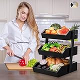 Bamboo 3 Tier Fruit Basket With 2 Banana Hangers, Vegetables Fruit Basket For Kitchen Counter, Large Capacity Fruit Bowl, Fruit Organizer For Kitchen Counter, Fruit Stand For Bread and Snacks (Black)