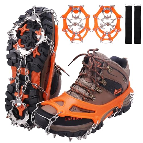 WIN.MAX Crampons for Shoes, Traction Cleats Ice Snow Grips with 19 Stainless Steel Spikes, Shoe Talons Anti - Slip Boots Spikes for Walking, Jogging, Climbing and Hiking (Orange, L)