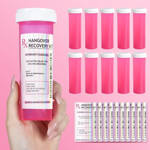 Chug Buddy Set of 10 Large Pink Pill Bottles for DIY Hangover Kits – Ideal for Bachelorette Party Favors, 21st Birthday Gifts, Bridesmaids Gifts & More – Empty Bottles for Hangover Kit Supplies