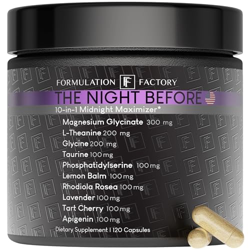 Formulation Factory The Night Before 10-in-1 Midnight Maximizer Sleep Supplement, Magnesium Glycinate, L-Theanine & More, Stress Relief, Relaxation, Recovery, Focus (120 Capsules – 2 Month Supply)