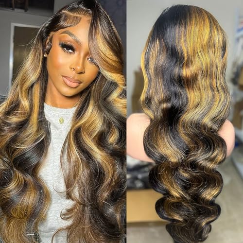 soeyrkke Highlight Lace Front Wig Human Hair 200% Density 13x6 Ombre Body Wave Lace Front Wig Human Hair Pre Plucked HD Lace Front Wigs Human Hair for Women 30 inch 1b/27 Color