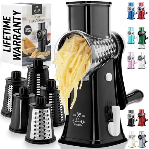 Zulay Kitchen Rotary Cheese Grater 5 Blade Cheese Shredder - Manual Hand Crank Cheese Grater With Reinforced Suction & 5 Interchangeable Drums - Easy to Use, Vegetable Chopper Round Mandoline Slicer