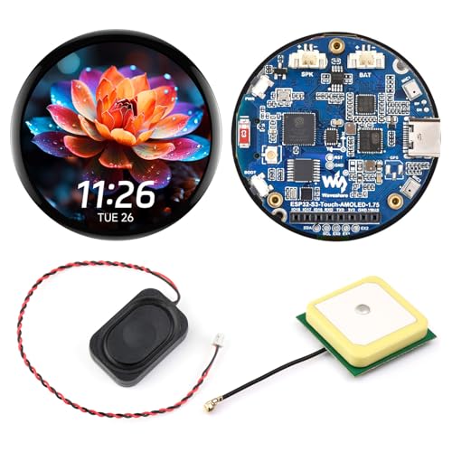 Waveshare ESP32-S3 1.75inch AMOLED Round Touch Display Development Board, 32-bit LX7 Dual-core, 466×466, QSPI, Dual Digital Microphones Array, ESP32 with Display, with GPS