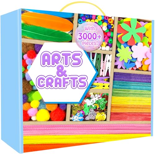 Arts and Crafts Supplies for Kids - 3000Pcs Craft Kit with Pipe Cleaners Crafts for Kids All in Art Crafting Box DIY School Supplies Materials Set Toys Gifts for Girls Boys Age 4 5 6 7 8 9 10 11 & 12