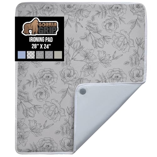 GORILLA GRIP Ironing Mat, Portable Iron Pad, Magnetic Cover and Padding for Top of Washer, Dryer, Tabletop, Countertop, Silicone Coating and Scorch Resistant, Travel Size 28x24, Gray Floral