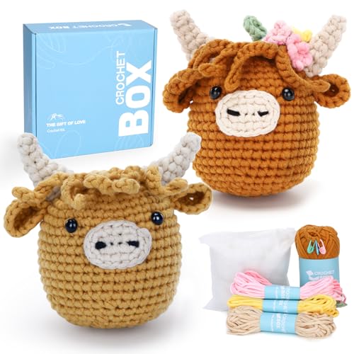 Crochet Box Crochet Kit for Beginner, 2 PCS Highland Cow Easy Learn How to Crochet Stuffed Animals Gift for Adults and Kids(12+), Knitting Set with Yarn Hook Stitch-by-Stitch Video Tutorial