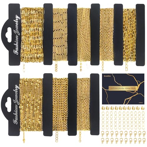 Ecoofor 18k Gold Necklace Chains for Jewelry Making, 52.5 Feet 8 Rolls Bracelet Chains for DIY,6.5 Feet Each Style, Gold Plated Chain with Jump Rings/Lobster Clasps/Connectors