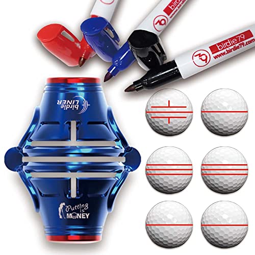 BIRDIE79 Birdie Liner Blue Golf Ball Marker Alignment Tool Kit - 360-Degree Triple Line Stencil with 3-Color Pens and Gift Box - Premium Quality
