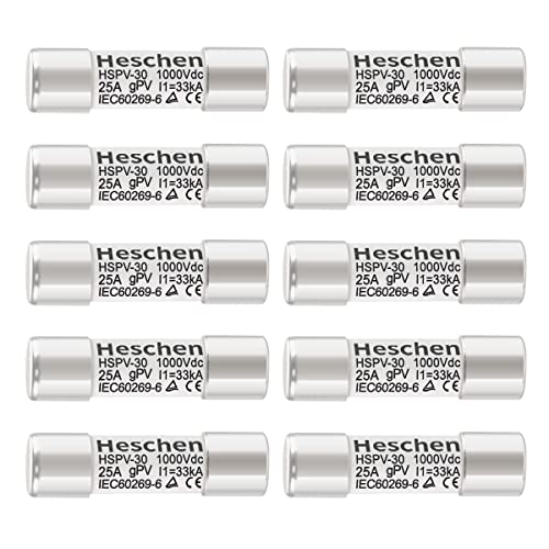 Heschen Solar DC1000V PV Fuse, Photovoltaic Fuses, gPV Type Fuse Link, HSPV-30, 10 * 38mm, 25A 1000VDC, I1 33kA, for Solar PV System Protection, 10PCS