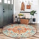 Lahome Washable Round Rugs 5'3"ft, Bohemian Orange Circle Rugs for Living Room, Entryway Round Area Rug, Floral Medallion Soft Non Slip Nursery Carpet for Bedroom Dining Coffee Table