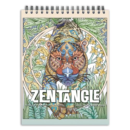 ColorIt Zentangle Spiral Bound Adult Coloring Book, 50 Zen Animal Kingdom Designs and Patterns for Meditation and Mindfulness, Thick Paper, Perforated Paper, Lay Flat Hard Cover, Ink Blotter Paper