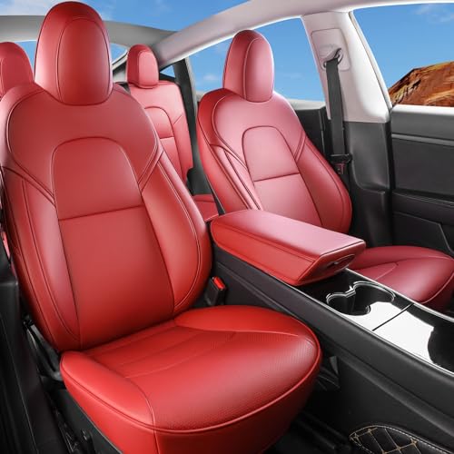 Wekar Tesla Model Y Car Seat Covers Nappa Leather Car Interior Seat Airbag Compatible Cushion Cover Full Set Custom Fit 2024 2023 2022 2021 2020, Nappa Wine Red