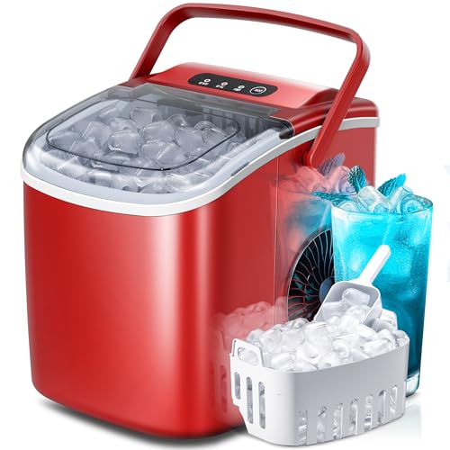 Countertop Portable Ice Maker Machine with Handle, 9 Bullet-Shaped Ice Cubes Ready in 6 Mins, 26Lbs/24H, Self-Cleaning Function with Ice Scoop and Basket for Home/Kitchen/Party (Red)