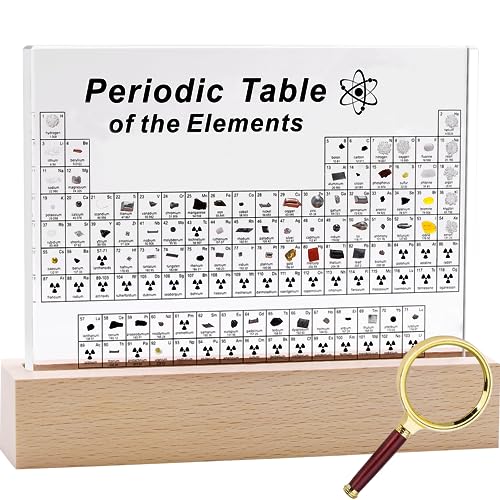 SETHVILL Large Periodic Table with 83 Real Elements Inside, Acrylic Periodic Table of Chemical Elements with Wooden Stand & Magnifier, Periodic Table Display with Elements for Teacher Students