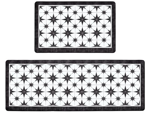 OnesCosy Black Kitchen Rugs Set of 2, Anti Fatigue Mats for Kitchen Floor, Waterproof Cushioned Rug, Non Slip Memory Foam Standing Mat for Sink, Stove, Laundry, Star Tile, 17.3"x27.6"+17.3"x47.2"