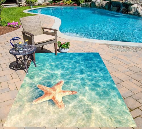 Blue Ocean Starfish Coastal Indoor Outdoor Rug Bright 3D Illusion Beach Theme Area Rug for Patio Balcony Deck Porch 2x3 Blue Underwater Backyard Outside Large Carpet 7x10