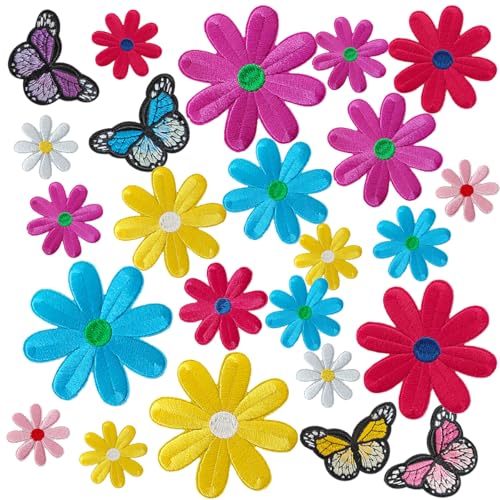 WILDREEDS 24 Pieces Colorful Daisy Flower Butterfly Iron on Patches, Iron Flower Embroidered Patch for Clothing, T-Shirt, Backpacks, Hats, Jeans, Jackets