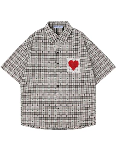 Aelfric Eden Cut-Out Heart Short Sleeve Shirt Collar Button Down Plaid Casual Summer Streetwear Green Small