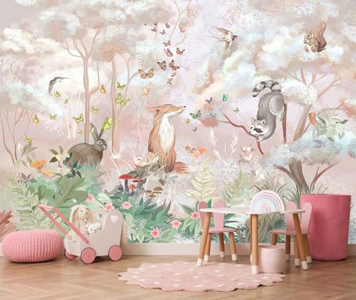 Kids Safari Wallpaper Butterfly Fox Forest Animal Wallpaper Mural with Pink Background for Girl's Room Decoration(Not Self-Adhesive)