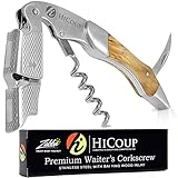 Hicoup Wine Opener - Professional Corkscrews for Wine Bottles w/Foil Cutter and Cap Remover - Manual Wine Key for Servers, Waiters, Bartenders and Home Use - Stainless Steel with Bai Ying Wood Inlay
