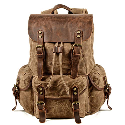 WUDON Leather Backpack for Men, Waxed Canvas Shoulder Rucksack Carry-On Travel Backpack (Khaki)