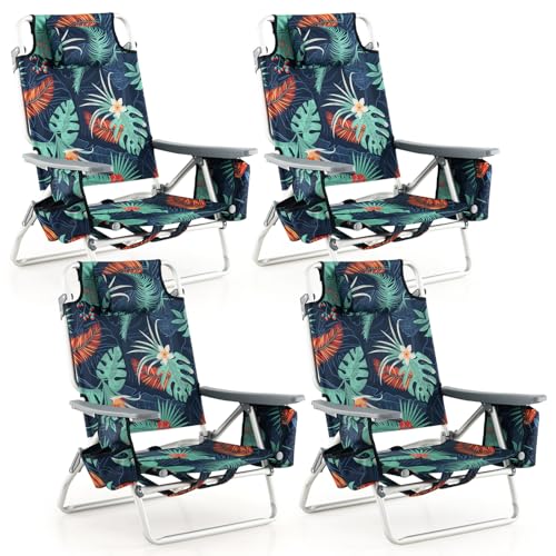 GYMAX Beach Chairs, 4-Pack Backpack Camping Chair with Armrest, Cooler Bag, Cup Holder & Towel Bar, Sunbath Sling Tanning Lounge, Folding Layout Chair (4 Chairs Without Table, Flower)
