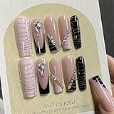 IMRAIN Press on Nails Long Square Fake Nails Black White Serpentine Pattern French Tips False Nails with Rhinestone Designs Glossy Glue on Nails Acrylic Full Cover Artificial Nails 24Pcs